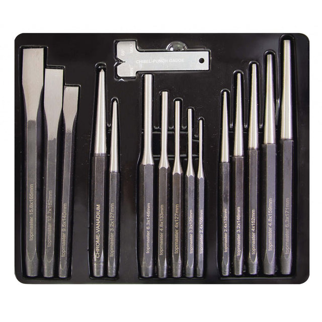 TOP MASTER PRO Dornuri set 15pcs +gauge CR - V TMP Material: otel crom - vanadiu de inalta calitate Top Master Pro - scule electrice si unelte profesionale - BricoMart