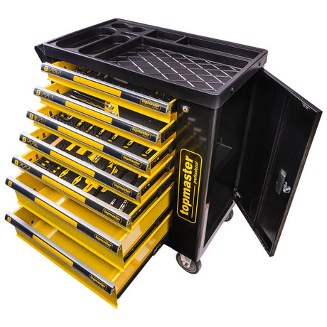 TOP MASTER PRO Dulap scule 7 sertare echipat 219 piese TMP Blat din PVC cu compartimente pentru detalii mici. Roți din PVC + PP. Compartiment lateral cu închidere. 7 sertare. Top Master Pro - scule electrice si unelte profesionale - BricoMart