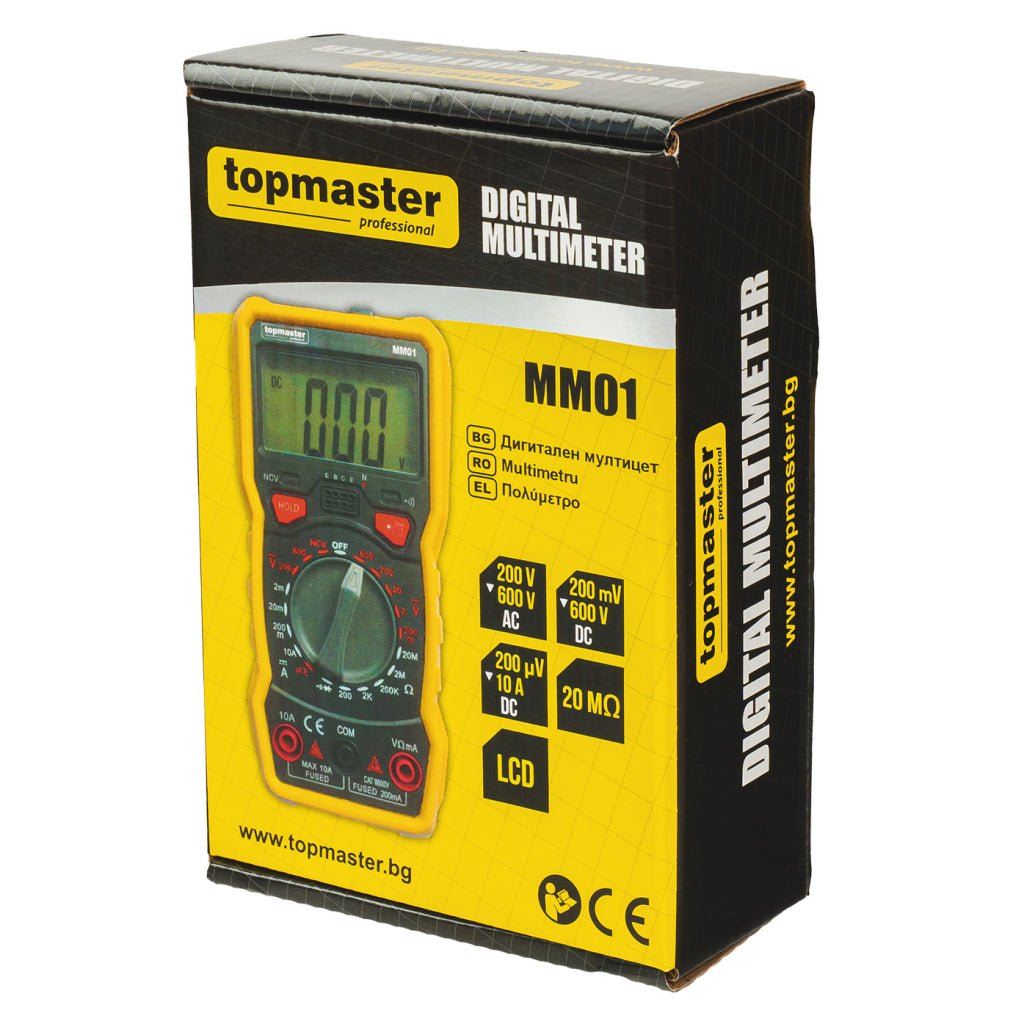 TOP MASTER PRO Multimetru MM01 TMP Multifuncționalitate: Permite măsurarea tensiunii AC și DC, curentului, rezistenței, capacității și verificarea diodei. Top Master Pro - scule electrice si unelte profesionale - BricoMart