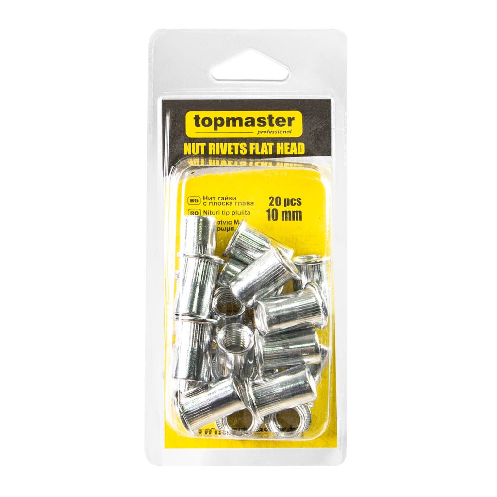 TOP MASTER PRO Nituri tip piulita 10mm 20buc TMP Se folosesc la asamblarea tablei, otelului, aluminiului, plasticului, fibrei de sticla etc. Top Master Pro - scule electrice si unelte profesionale - BricoMart