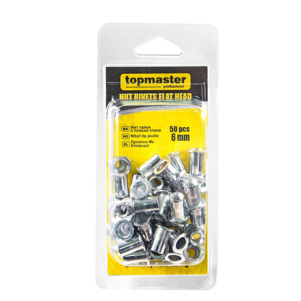TOP MASTER PRO Nituri tip piulita 6mm 50buc TMP Se folosesc la asamblarea tablei, otelului, aluminiului, plasticului, fibrei de sticla etc. Top Master Pro - scule electrice si unelte profesionale - BricoMart
