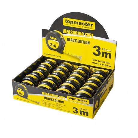 TOP MASTER PRO Ruleta Black edition 3m x 16 mm TMP Rezistenta sporita a benzii la tractiune Varf magnetic puternic. Mecanism de blocare, prindere comoda. Carcasa antisoc. Top Master Pro - scule electrice si unelte profesionale - BricoMart