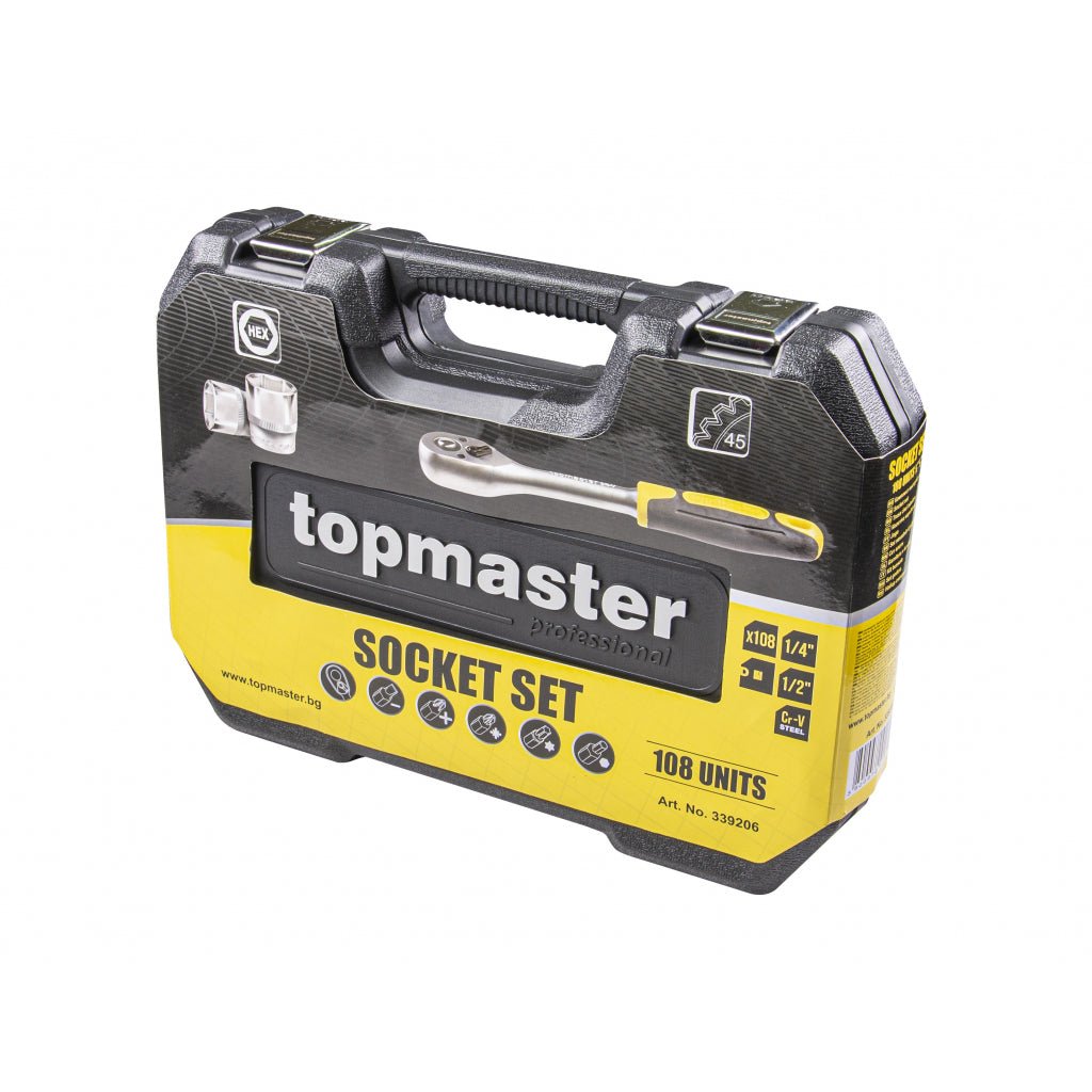 TOP MASTER PRO Set 108 tubulare ¼ si ½ CR - V entry level TMP Material: otel crom - vanadiu de inalta calitate 50BV30. Cu acoperire anticoroziune Top Master Pro - scule electrice si unelte profesionale - BricoMart