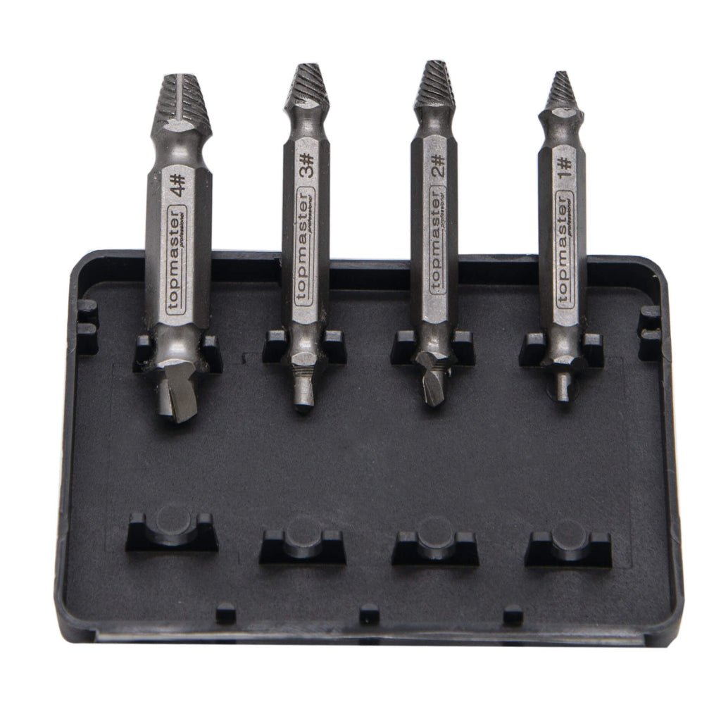 TOP MASTER PRO Set 4 extractoare suruburi TMP Material:otel crom molibden Cutie de depozitare Top Master Pro - scule electrice si unelte profesionale - BricoMart