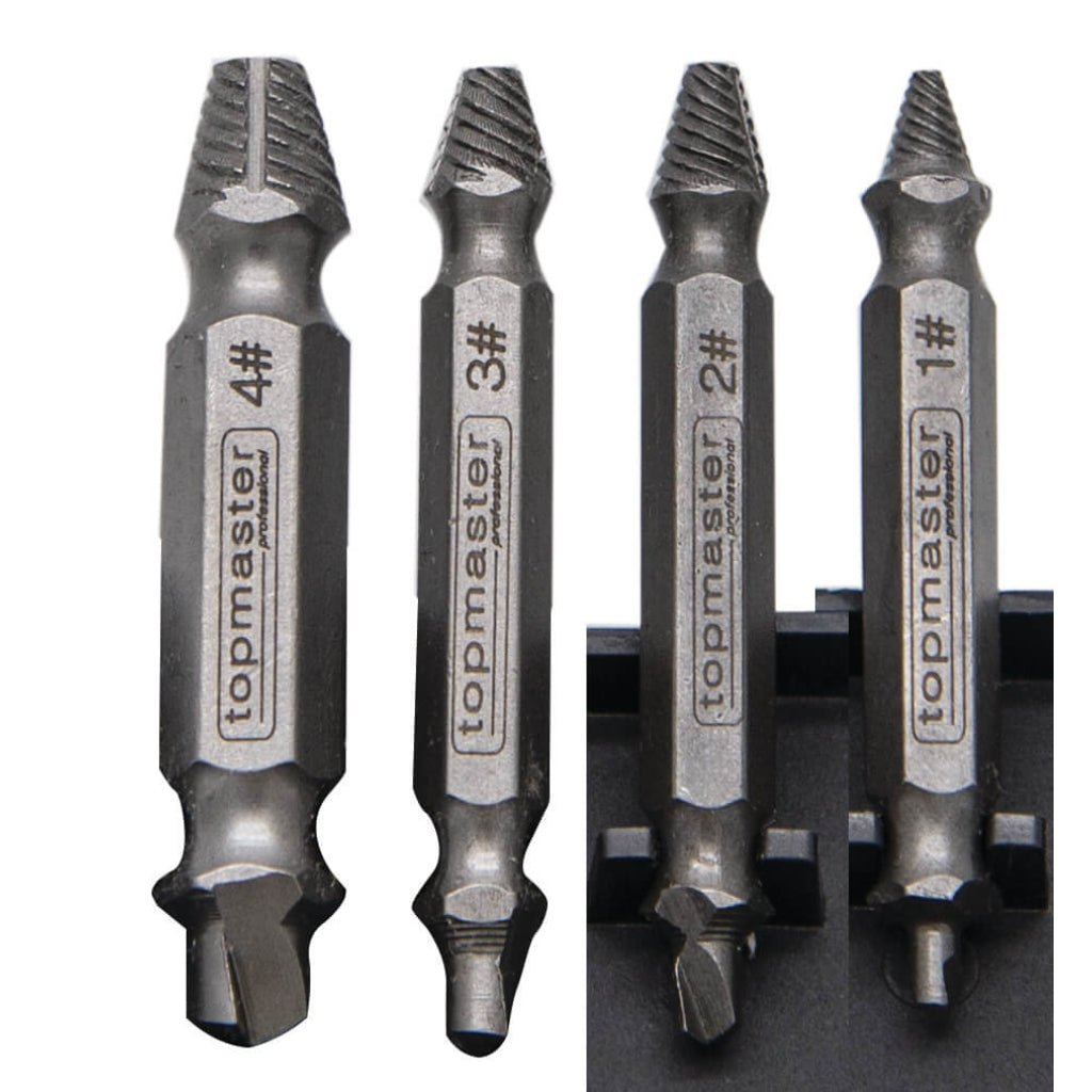 TOP MASTER PRO Set 4 extractoare suruburi TMP Material:otel crom molibden Cutie de depozitare Top Master Pro - scule electrice si unelte profesionale - BricoMart
