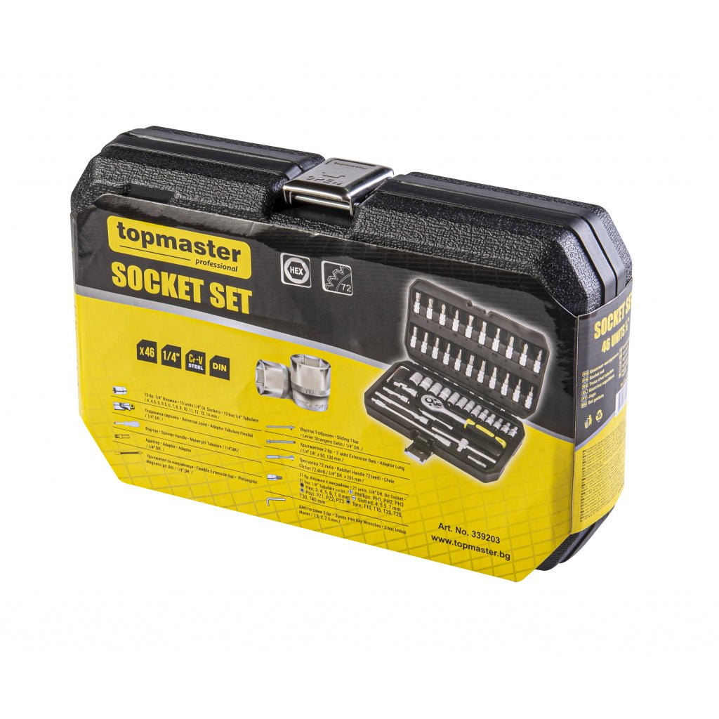 TOP MASTER PRO Set 46 tubulare ¼ CR - V entry level TMP Material: otel crom - vanadiu de inalta calitate 50BV30. Cu acoperire anticoroziune Top Master Pro - scule electrice si unelte profesionale - BricoMart