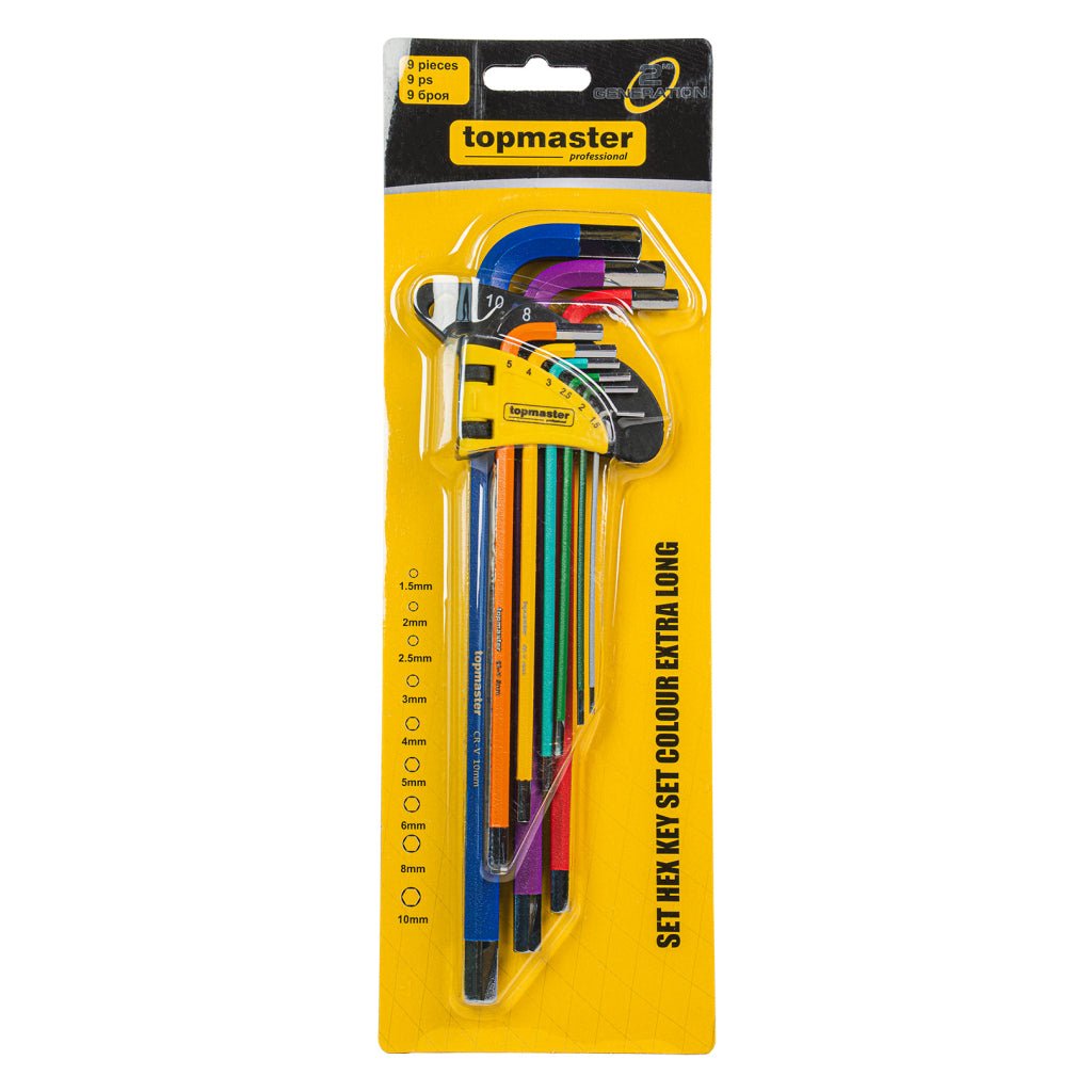 TOP MASTER PRO Set 9 chei imbus extra lungi COLOR TMP Fabricat din Otel Cr - V Ofera precizie si o potrivire perfecta cu capul surubului Top Master Pro - scule electrice si unelte profesionale - BricoMart
