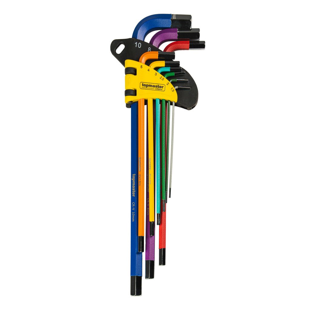 TOP MASTER PRO Set 9 chei imbus extra lungi COLOR TMP Fabricat din Otel Cr - V Ofera precizie si o potrivire perfecta cu capul surubului Top Master Pro - scule electrice si unelte profesionale - BricoMart
