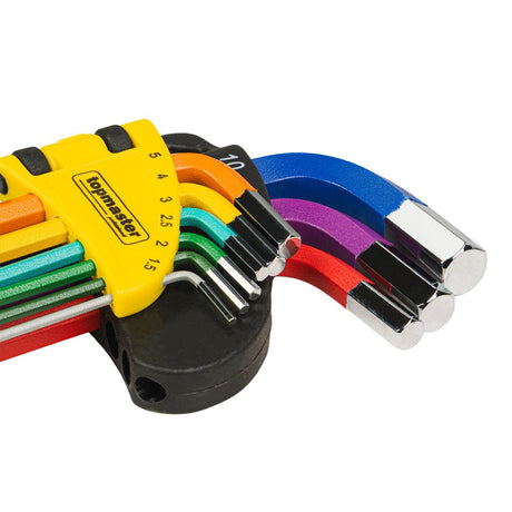 TOP MASTER PRO Set 9 chei imbus extra lungi COLOR TMP Fabricat din Otel Cr - V Ofera precizie si o potrivire perfecta cu capul surubului Top Master Pro - scule electrice si unelte profesionale - BricoMart