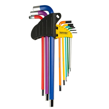 TOP MASTER PRO Set 9 chei imbus extra lungi COLOR TMP Fabricat din Otel Cr - V Ofera precizie si o potrivire perfecta cu capul surubului Top Master Pro - scule electrice si unelte profesionale - BricoMart