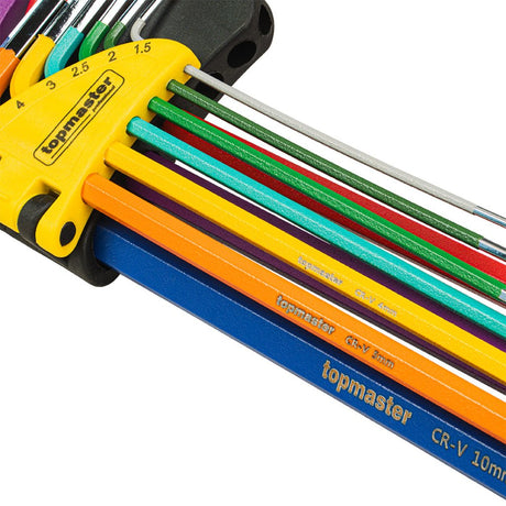 TOP MASTER PRO Set 9 chei imbus extra lungi COLOR TMP Fabricat din Otel Cr - V Ofera precizie si o potrivire perfecta cu capul surubului Top Master Pro - scule electrice si unelte profesionale - BricoMart