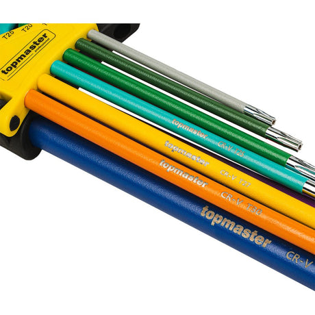 TOP MASTER PRO Set 9 chei TORX T10 - T50 extra lungi COLOR TMP Fabricat din Otel Cr - V Ofera precizie si o potrivire perfecta cu capul surubului Top Master Pro - scule electrice si unelte profesionale - BricoMart