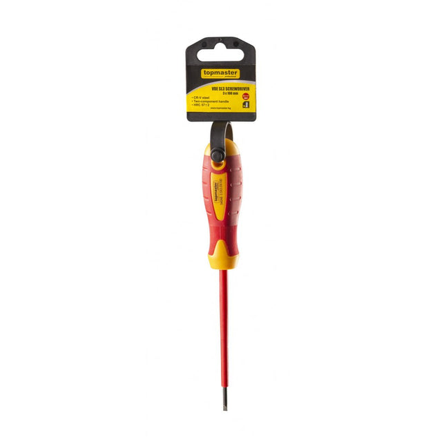 TOP MASTER PRO Surubelnita dreapta izolata 1000V 3.0x100mm CR-V TMP Șurubelniță izolată cu piesă de lucru din aliaj CR-V de înaltă calitate Mâner moale din două componente Izolează tensiun Top Master Pro - scule electrice si unelte profesionale - BricoMart