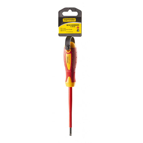 TOP MASTER PRO Surubelnita dreapta izolata 1000V 4.0x100mm CR - V TMP Șurubelniță izolată cu piesă de lucru din aliaj CR - V de înaltă calitate Mâner moale din două componente Izolează tensiun Top Master Pro - scule electrice si unelte profesionale - BricoMart
