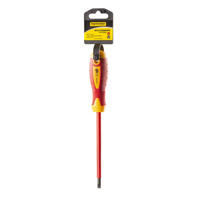 TOP MASTER PRO Surubelnita dreapta izolata 1000V 5.5x100mm CR - V TMP Șurubelniță izolată cu piesă de lucru din aliaj CR - V de înaltă calitate Mâner moale din două componente Izolează tensiun Top Master Pro - scule electrice si unelte profesionale - BricoMart