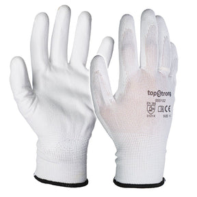 TOP STRONG Manusi poliuretan – alb, marime 10 Complet acoperite cu poliuretan Din poliester fara cusaturi Top Strong - scule electrice si unelte profesionale - BricoMart