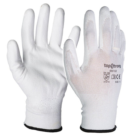 TOP STRONG Manusi poliuretan – alb, marime 10 Complet acoperite cu poliuretan Din poliester fara cusaturi Top Strong - scule electrice si unelte profesionale - BricoMart