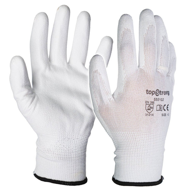 TOP STRONG Manusi poliuretan – alb, marime 10 Complet acoperite cu poliuretan Din poliester fara cusaturi Top Strong - scule electrice si unelte profesionale - BricoMart