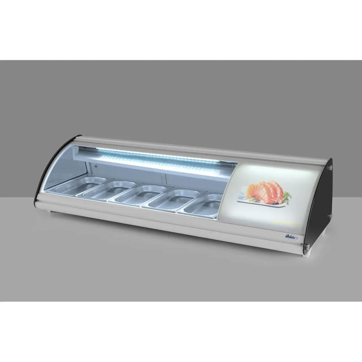 Vitrina sushi, 63 lt, pt 5 tavi GN1/3, interval temp 0-6 gr C, 160 W, geamuri glisante, corp inox, ARKTIC by Hendi, 1307x450x(H)330 mm